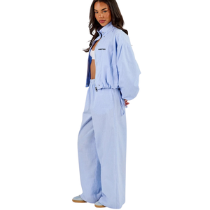 <b>Women's</b> Cropped Full <b>Zip</b> High Collar Tracksuit Set Drawcord Hem <b>Top</b> Wide Leg Trousers Elastic Waist 2 Piece Casual Lounge Outfit - Product Image 4