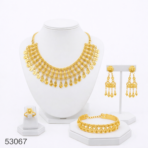 Elegante Juego de Collar y Pendientes de Cadena de Cuerda de 16 Pulgadas con Diseño de Hoja y Circones Chapados en Oro Natural Sólido para Mujer, Modelo 53067 - Product Image 1