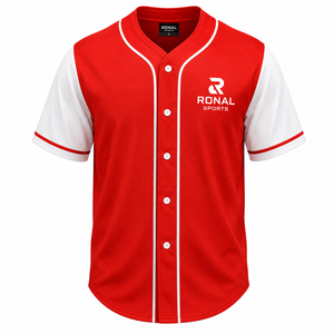 Camiseta de Béisbol Roja para Hombre RONAL SPORTS, Manga Corta, Cierre de Botones, Logotipo Bordado, Prenda Transpirable de Poliéster en Oferta - Product Image 1
