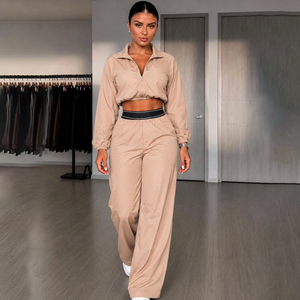Ensemble de survêtement 2 pièces pour femme, haut à manches courtes semi-zippé, pantalon large, couleur unie, coupe décontractée, respirant et léger - Product Image 3