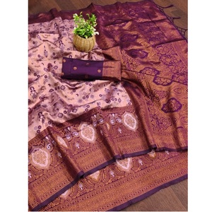 Sari de Seda Banarasi Hecho a Mano para Mujer, Sari Tradicional para Bodas y Fiestas, Disponible para Uso Diario a Precio de Exportación - Product Image 1