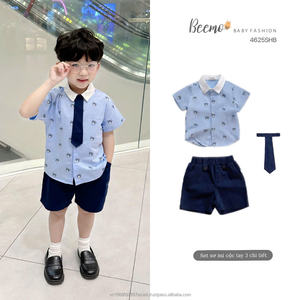 Ensemble Élégant pour Garçons : Tenue d'Été Style Britannique Décontracté avec Chemise Imprimée Ours et Short + Cravate - Product Image 4