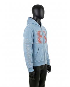 Custom Y2K Streetwear Rhinestone Zip Hoodie Men Heavyweight Washed <b>Blue</b> Solid Graphic Acid Wash Regular Fit High Quality Fleece - Product Image 4