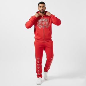 Ensemble survêtement homme Y2K personnalisé rouge uni avec sweat à capuche zippé oversize et pantalon de jogging, motif strass, en molleton de coton épais - Product Image 5