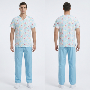 Conjunto de Uniformes Médicos Transpirables de Poliviscosa de 180 GSM con Estampado de Flamencos en Azul Pastel, Impresión Personalizada en Seda - Product Image 1