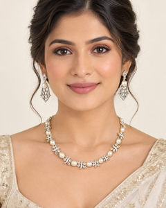 Parure Collier Plaqué Or Ornée de Perles et de Diamants Américains avec Boucles d'Oreilles en Pierre Taille Marquise Scintillante – Fournisseur de Parures de Bijoux AD - Product Image 5