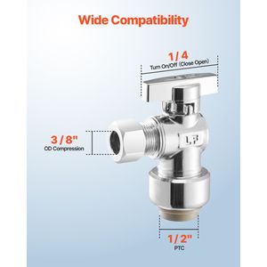 Confezione da 10 valvole di intercettazione angolare a compressione da 1/2 pollice PTC x 3/8 pollici OD, a 1/4 di giro, in ottone cromato, con attacco a pressione per acqua, OEM PTFE - Product Image 4