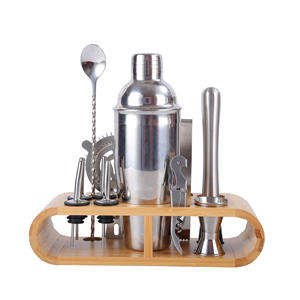 Ensemble d'outils de bar à cocktails en acier inoxydable avec support en bois, kit de barman moderne pour la mixologie, utilisation pour les fêtes - Product Image 1