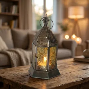 Hexagon <b>Metal</b> <b>Lantern</b> with Embossed Moroccan Design Durable Home Decoration Candle Holder - Product Image 5