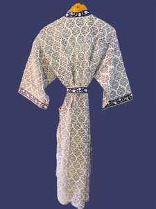 Blue White Printed Cotton <b>Kimono</b> Robe 100 Percent Cotton Boho Style With Stripe Design <b>Belt</b> Premium Bulk Spa And Hotel Robes - Product Image 4