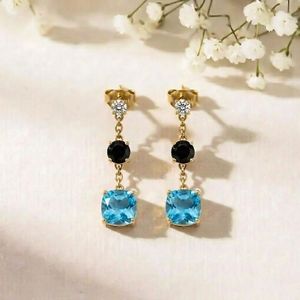 Elegant Sky <b>Blue</b> Topaz & Black Obsidian Drop <b>Earrings</b> Cushion Cut Gemstone Jewelry Minimalist Fine <b>Stud</b> <b>Earrings</b> Gift For Women - Product Image 1