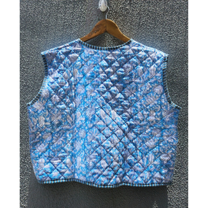 Chaleco Acolchado de Algodón con Estampado Floral Azul, Chaqueta con Cintura Ajustable con Cordón para Mujer, Ropa Exterior Informal, Regalo para Ella - Product Image 4