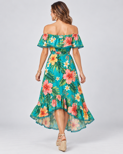Off The Shoulder Floral Print Chiffon Dress With Ruffles Tea-Length A-Line Casual Vacation Style For Adults wholesale - Product Image 2