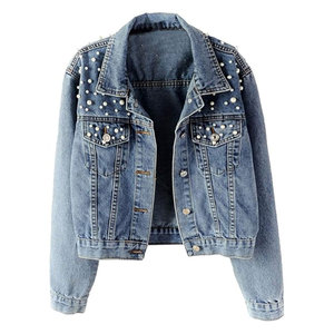 Women Oversized <b>Denim</b> <b>Jacket</b> Embroidered Pearls Beading Stylish Casual Loose Fit Jeans Coat Trendy Streetwear Fashion Outerwear - Product Image 1