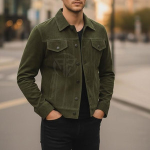 Men's Olive Green <b>Suede</b> Shirt <b>Jacket</b> Casual Turn-down Collar Single Breasted Regular Fit Autumn Wear - Product Image 3