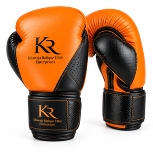 Gants de boxe en cuir orange et noir Khawaja Rafique Ullah Enterprises, fermeture Velcro, respirants, pour adultes, personnalisables, vente en gros - Product Image 1