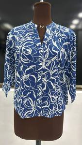 Blusa de Popelina 100% Algodón con Estampado Floral Vintage Azul para Mujer, Manga Tres Cuartos, Cuello en V, Botones, Formal, Primavera Verano, Corte Regular - Product Image 6