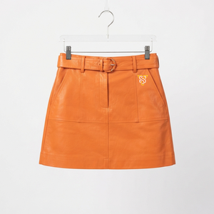 Women's Orange <b>Leather</b> A-Line <b>Mini</b> <b>Skirt</b> Casual Style Shiny Look Breathable Natural Waistline Customized Design Knitted Fabric - Product Image 1