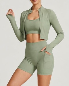 Green 3-Piece Yoga Set With Crop <b>Top</b> High Waist Shorts <b>Zipper</b> Jacket Seamless Breathable Full Sleeve Design - Product Image 5