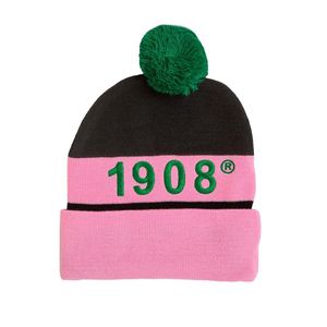 Gorro de punto AKA con pompón rosa y negro, gorro de invierno bordado con la hermandad griega, gorro cálido con pompón para mujer - Product Image 1