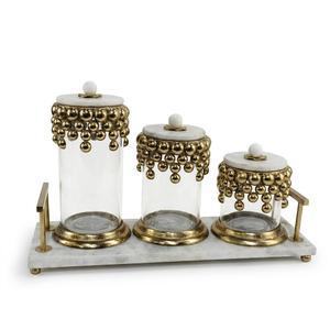 3 Piece Glass Jar <b>Canister</b> <b>Set</b> With Marble Base Tray Gold Metal Beaded Decorative Kitchen Food Storage Jars - Product Image 1