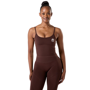 Débardeur de sport sans coutures pour femme, marron cachemire, avec soutien-gorge intégré, faible impact, coupe extensible, pour yoga, gym et entraînement - Product Image 1
