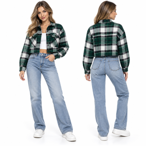 <b>Women</b> Crop <b>Flannel</b> <b>Jacket</b> Plaid Button Down Short Shirt <b>Jacket</b> Ladies Turn Down Collar Casual Wear Crop <b>Flannel</b> <b>Jackets</b> - Product Image 2