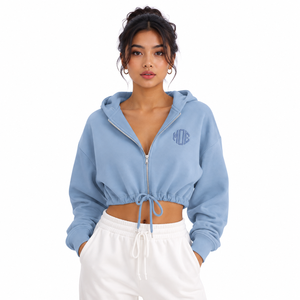 Custom Embroidery Logo Women's Fleece <b>Cropped</b> <b>Zip</b> <b>Up</b> Sweatshirt Oversized Drawstring Hem Drop Shoulder Casual Streetwear Hoodies - Product Image 1