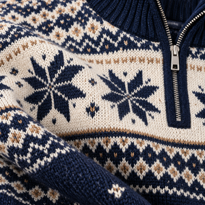 Suéter de punto para hombre con cremallera de un cuarto, diseño de copo de nieve, azul marino y crema, para Navidad, cuello alto, jersey de invierno, venta al por mayor OEM - Product Image 6