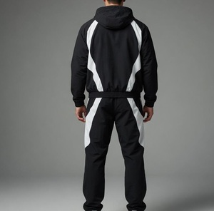Ensemble survêtement coupe-vent personnalisé noir avec contraste blanc, pantalon et sweat à capuche en polyester, 2 pièces, idéal pour le jogging - Product Image 3
