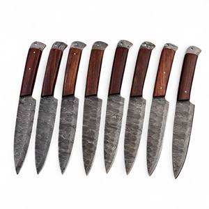 Ensemble de couteaux à steak professionnels en acier Damas à lame pleine, manche ambidextre, finition brossée, bois naturel, lame tranchante comme un rasoir, faits à la main - Product Image 1