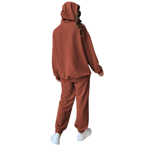Ensemble de survêtement 2 pièces pour femme, sweat à capuche et pantalon de jogging marron rouille, en molleton mélangé coton, vêtements décontractés, fabricant sur mesure OEM - Product Image 2