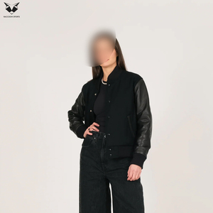 Nouvelle Arrivée 2026 – Service OEM/ODM – Blousons universitaires noirs pour femmes à col montant et manches longues avec manches en cuir véritable - Product Image 2