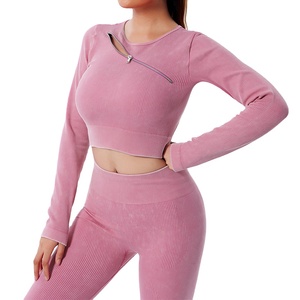 2025 Logo personnalisé ensemble de vêtements de sport pour femmes Yoga à séchage rapide et hauts longs et courts avec fermeture éclair et bouton décor taille 6XL - Product Image 1