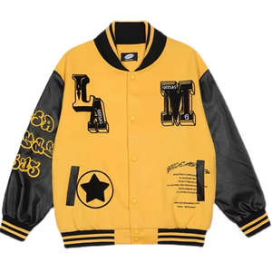 Blouson universitaire en tissu pour homme, style hip-hop, avec broderie en cuir de vachette, col rabattable, en laine et cuir, emballage individuel inclus - Product Image 3