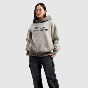 Sweat-shirt à capuche surdimensionné pour homme Moto End Corporation, en coton, style streetwear, gris, imprimé sur le devant, coupe classique, pour l'automne - Product Image 6