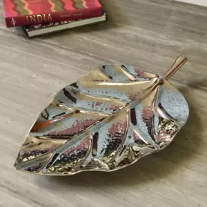 <b>Gold</b> Plated Leaf Decorative <b>Tray</b> Contemporary Plant Design Irregular Shape Single Piece - Product Image 1