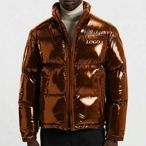 Blouson matelassé marron métallisé brillant pour homme, col montant, fermeture éclair intégrale, manteau d'hiver isolé et léger, vêtement d'extérieur tendance - Product Image 1