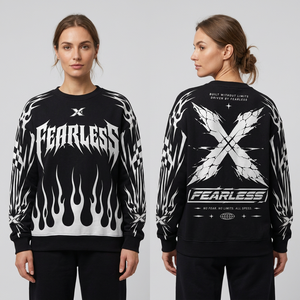 Sweat-shirt réfléchissant Fearless X à col rond pour homme, streetwear, pull noir et blanc avec imprimé flamme, en polyester tricoté, pour l'automne - Product Image 2