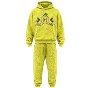 Conjunto Deportivo para Hombre, Amarillo, Lavado Ácido, 100% Algodón, 480 gsm, Alta Calidad, con Pedrería, Pantalones Largos con Cordón Ajustable, Ropa Casual - Product Image 3
