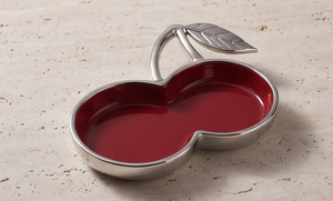 Plateau de service de luxe en métal émaillé rouge en forme de cerise avec poignée en forme de feuille, plat décoratif pour noix et bonbons, récipient de table pour bibelots et objets divers - Product Image 3