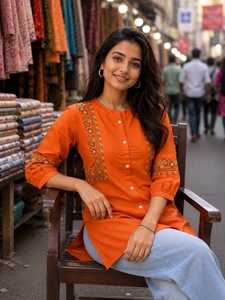 Tunique en coton brodée orange pour femme, coupe régulière, longueur genou, style ethnique, décontractée, pour festivals indiens, Kurti recyclée - Product Image 4