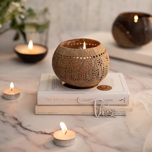Thenga Hand Carved Coconut Shell Candle <b>Holder</b> | Eco-Friendly Lantern <b>Tealight</b> with Tropical Design | Wooden Candle <b>Holders</b> for - Product Image 6
