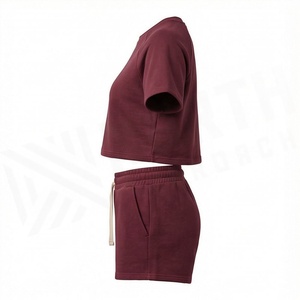 Women's 2 Piece Knitted Solid Color Short Sleeve <b>Crop</b> <b>Top</b> and Above Knee Shorts Set Casual Loose Fit Spring Summer Wear - Product Image 3