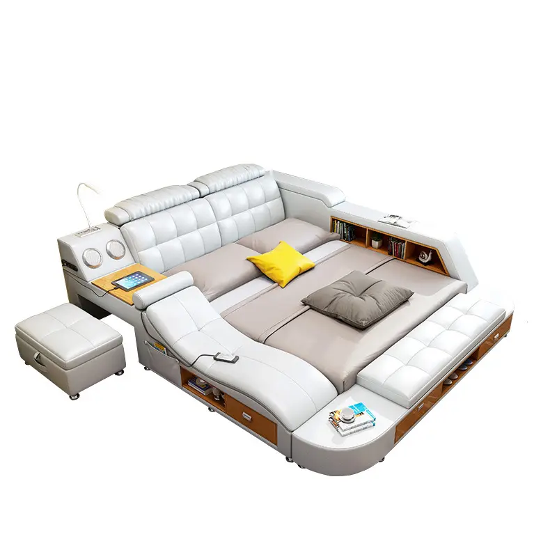 Роскошный комплект для спальни, мебель большого размера с рамой, кожаная дизайнерская кровать, современный дизайн