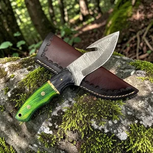 Cuchillo de caza de hoja fija de acero de Damasco con punta de gota y gancho para desollar, mango de madera verde, filo biselado, OEM, hoja de 4 pulgadas, para uso en exteriores y camping - Product Image 3