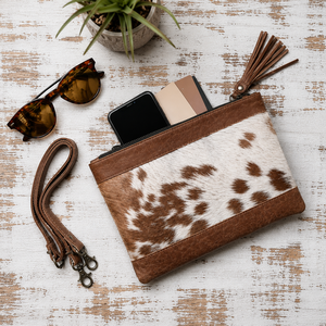 Cowhide Leather Clutch Pouch Brown White Hairon <b>Wristlet</b> Bag With Tassel Zipper Travel Wallet Purse Crossbody Strap - Product Image 1