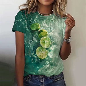 Camiseta de Mujer con Estampado de Frutas Onduladas, Fresa y Sandía, Impresión 3D, Manga Corta, Corte Regular, Transpirable, 100% Algodón Ecológico - Product Image 3