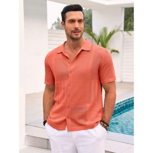 2025 coton décontracté pour hommes pour polo à manches courtes en tricot boutonné avec conception évidée pour les hauts de plage d'été - Product Image 1