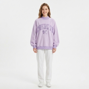 OEM Women Oversized Turtleneck Sweatshirt <b>Purple</b> Sequins Applique Glitter Letter Print Decoration Knitted Cotton Autumn Wear - Product Image 1